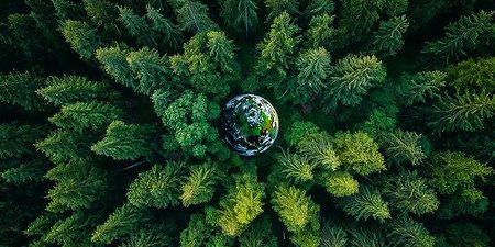 Aerial view of a vibrant forest with lush evergreen trees and diverse wildlife thriving below.の素材