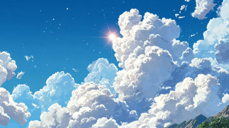 Stunning Cumulus Clouds Over Majestic Mountains with Lush Green Valleys and Clear Blue Sky Aboveの素材