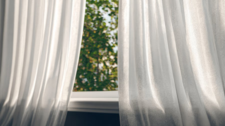 Sunlight Streaming through Sheer Curtains in a Cozy Living Room, Creating a Peaceful Atmosphereの素材