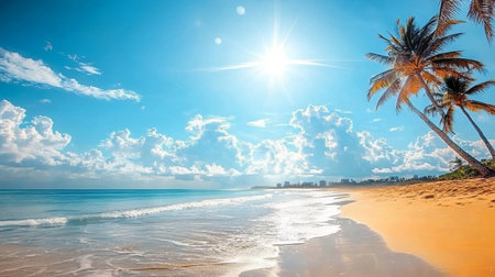 Breathtaking tropical beach paradise featuring golden sand, turquoise water, and vibrant blue skiesの素材