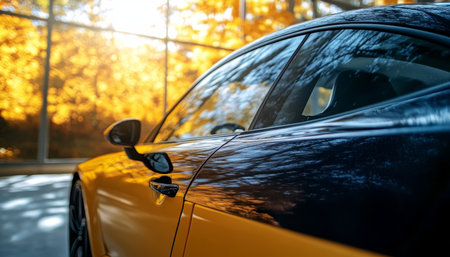 Protective Film for Automotive Enhancement, Showcasing Durability and Shine in Golden Daylightの素材