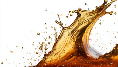 Dynamic Flow of Rich Brown Beverage with Bubbles and Splashes Isolated on White Backgroundの素材