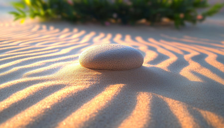 Tranquil Zen Garden with a Round Stone on Raked Sand, Symbolizing Peace, Harmony, and Mindfulness.の素材