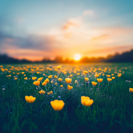 Breathtaking panoramic view of a vibrant floral meadow under a colorful sunset sky with soft clouds.の素材