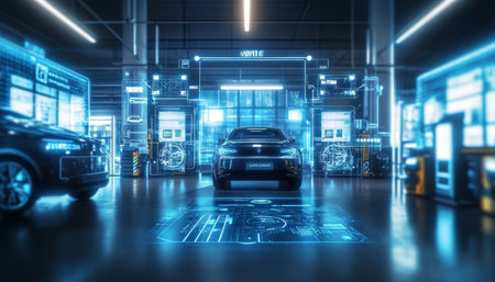 Futuristic Car Repair Diagnostic Station with Advanced Virtual Touch Interface for Easy Useの素材
