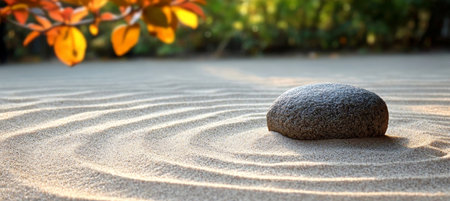 Tranquil Zen Garden Landscape with Raked Sand, Stones, and Lush Greenery for Meditative Reflectionの素材