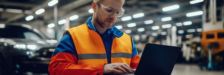 Vehicle Manufacture Specialist Diagnosing Issues on Computer in Bright Factory Environmentの素材