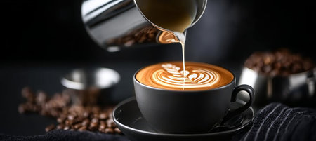 Expert Barista Creating Stunning Latte Art on a Smooth Cappuccino with Beautiful Milk Foam Designの素材