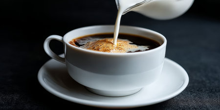 Morning Delight Cream Cascading into a Steaming Cup of Black Coffee Creating Rich Aromaの素材