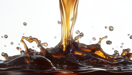 Mesmerizing Dark Aromatic Liquid Pouring into a Cup with Dynamic Splashes and Delightful Movementの素材