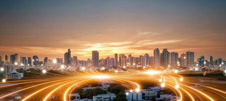 Cityscape at Sunset Featuring an Interconnected Digital Network Symbolizing the Future of Progressの素材
