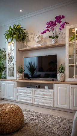 Elegant Living Room Decor with Modern TV Unit, Chic Shelf Decor, and a Cozy Atmosphereの素材