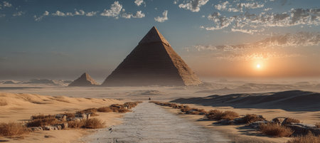 Stunning View of the Majestic Egyptian Pyramids Against a Vibrant Dramatic Sky at Sunset.の素材