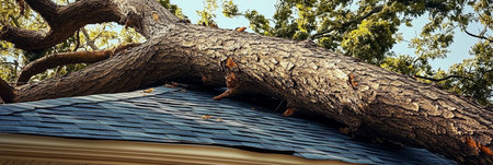 Large tree limb crashes onto house roof during storm, causing severe damage to shingles and propertyの素材