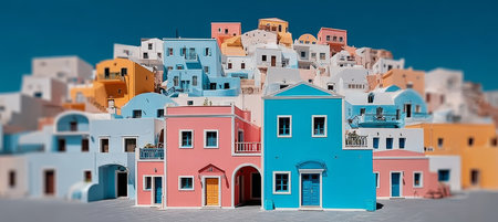 Colorful houses with doors in Santorini, capturing a stunning Mediterranean dream view.の素材