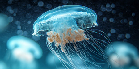 Elegant Jellyfish Swimming Gracefully in Deep Ocean Waters, Surrounded by Vibrant Marine Lifeの素材