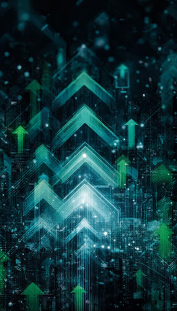 Abstract Digital Data Visualization with Glowing Arrows Showing Growth Trends and Future Innovationの素材