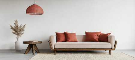 Elegant and Stylish Living Room Interior Featuring a Cozy Couch, Natural Light, and Modern Decorの素材