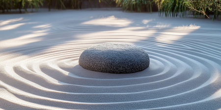 Tranquil Zen Rock Garden Featuring Raked Sand Patterns and a Single Gray Stone for Serenityの素材