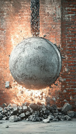 Wrecking Ball Colliding with Brick Wall, Unleashing Chaos and Debris in a Powerful Displayの素材