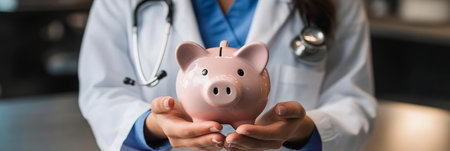Doctor Holding a Piggy Bank to Symbolize Healthcare Finances and Medical Savings for Future Careの素材
