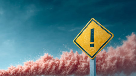 Exclamation Mark Road Sign Against a Dramatic Sky with Pink Layered Clouds Indicating Danger Aheadの素材