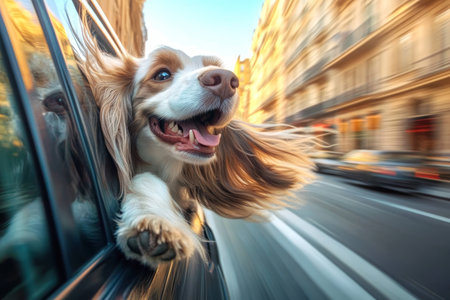 Joyful cocker spaniel with tongue out enjoys an exciting car ride, feeling the wind in its fur.の素材