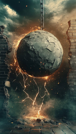 A Wrecking Ball in Action Powerfully Demolishing Old Brick Structures with Impactful Precisionの素材