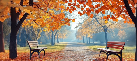 Golden Hour in Nature Serene Park Path with Trees Tunneling Sunlight and Autumn Leaves Everywhereの素材