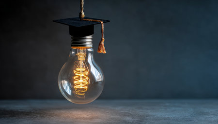 Creative Education Concept Lightbulb with Graduation Cap Symbolizing Knowledge and Successの素材