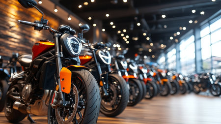Diverse Range of Motorcycles for Sale at a Modern Dealership Showcasing Lifestyle and Adventureの素材
