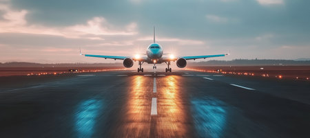 Airplane Taking Off at Sunset from Runway with Beautiful Sky, Capturing the Excitement of Travelの素材