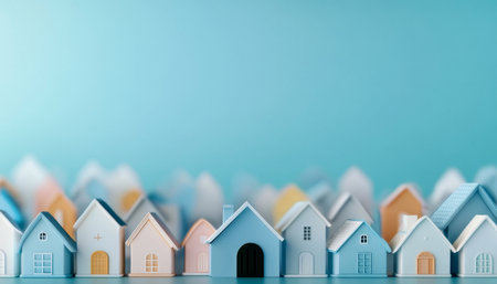 Colorful Miniature Houses on a Tranquil Turquoise Background, Symbolizing Real Estateの素材
