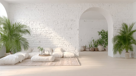 Bright Living Space with Abundant Sunlight, Cozy Floor Seating, and Stylish Palm Tree Decorの素材