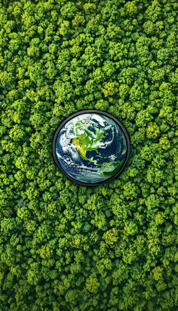 Breathtaking Aerial View of a Lush Green Forest Canopy Surrounded by Majestic Mountains and Riversの素材