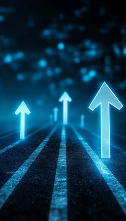 Futuristic Growth Concept with Glowing Arrows Representing Technology and Innovation Trendsの素材