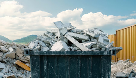 Demolition Debris Container Filled with Rubble from Construction Waste and Site Cleanup Effortsの素材