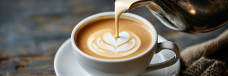 Pouring Fresh Cream to Create Beautiful Latte Art in a Cup of Delicious Hot Coffee Beverageの素材