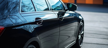 Sleek luxurious black car with tinted windows showcasing its elegant design and reflective surfaces.の素材