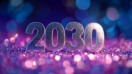 Elegant 2030 Number Shimmering Against a Blurred Purple Abstract Glow Backdrop for Celebrationsの素材