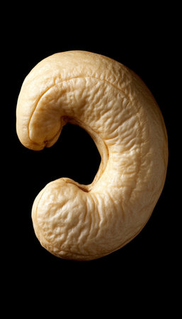 Isolated cashew nut showcasing unique shape, creamy color, and subtle textures on black background.の素材