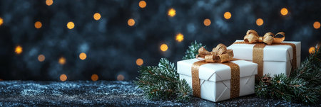 Elegant festive gifts adorned with golden ribbons and cream dcor on a dark backdrop for Christmasの素材