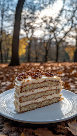 Indulgent Layered Maple Flavored Dessert with Toasted Maple Pecans in a Scenic Forest Settingの素材