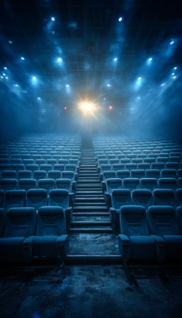 Eerie Blue Rows of Silent Velvet Chairs Beneath Theater Spotlights Evoke Memories of Abandonmentの素材