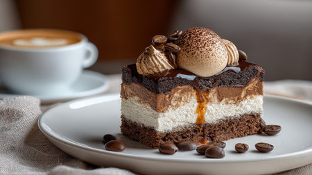 Decadent Mocha Cake Slice with Coffee Frosting and Espresso Beans at a Cozy Cafe Dessert Tableの素材