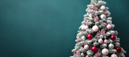 A beautifully frosted Christmas tree adorned with green and red ornaments for festive celebrations.の素材