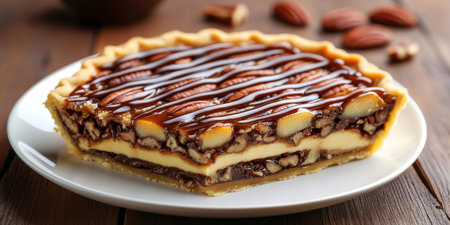 Delicious Pecan Pie Cake Slice with Bourbon Caramel Sauce on a White Plate, Southern Sweet Treatの素材