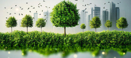Vibrant Green Urban Meadow Surrounded by Trees and Modern Cityscape, Promoting Eco-Friendly Livingの素材