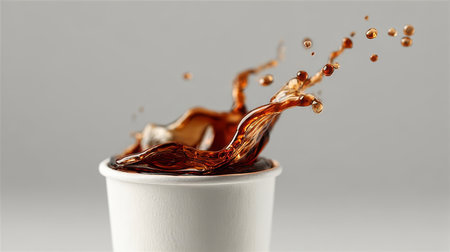 Energizing Coffee Splash A Dynamic Scene of Dark Roast Espresso Overflowing from a Cup.の素材