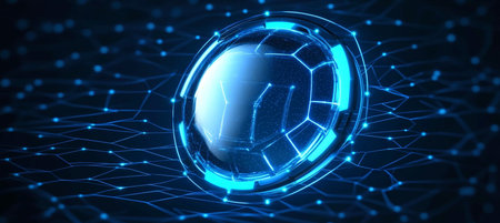Futuristic Advanced Technology Sphere Surrounded by Geometric Dome Shield on Blue Backgroundの素材